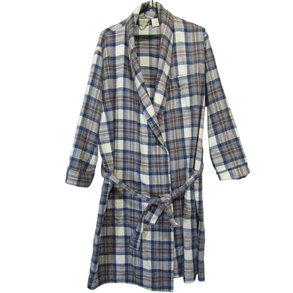 LL Bean Flannel Robe Mens Medium Blue Plaid Good Condition Shawl Collar Belted